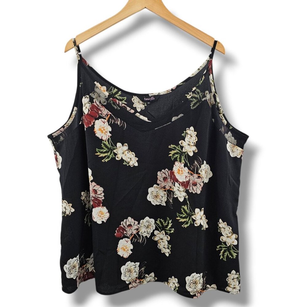 Amaryllis Tank Top 3X Dark Floral Sleeveless Black Cream Red Mesh Lightweight